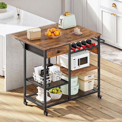 HOOBRO Kitchen Island with Power Outlet, Rolling Kitchen Cart with Drop Leaf, Island Table with Extendable Worktop and Adjustable Shelf, Kitchen Island Cart for Dining Room, Rustic Brown BF22UZD01