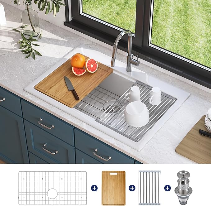 DeerValley 33 inch Workstation Kitchen Sink White Fireclay Undermount Farmhouse Sinks Single Bowl Deep Drop-in Modern Sink with Workstation Accessories