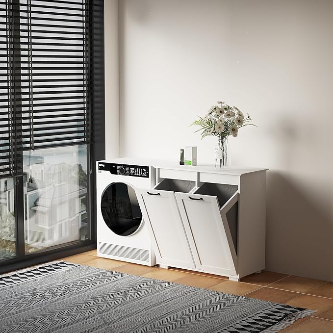 KEIKI Double Tilt Out Laundry Hamper Cabinet, with 2 Removable Liner Bags, Double Doors Hidden Hamper w/Metal Handles, Free Standing Wood Laundry Sorter Floor Cabinets for Bathroom,White, (Style A)