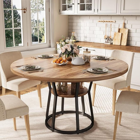 GarveeHome 47 Inch Round Dining Table with Storage Shelf, Farmhouse Circle Kitchen Table for 4-6, Space-Saving Wood Top, Metal Legs, for Kitchen, Dining & Living Room, Apartment, Table Only-Brown