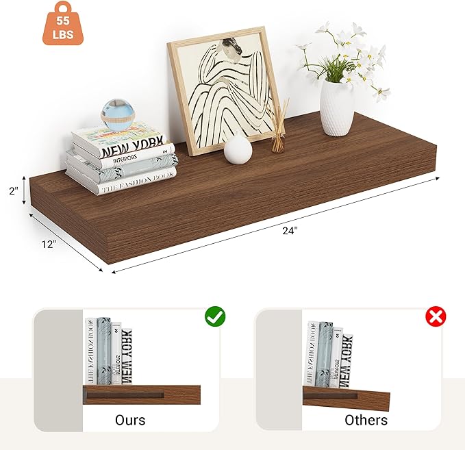 Heimlove 24 x 12 Inch Deep Floating Shelves Wall Mounted with Invisible Brackets,Storage Hanging Shelf for Wall Decor in Bathroom, Bedroom, Toilet, Kitchen, Living Room, Office Set of 1 (Walnut)