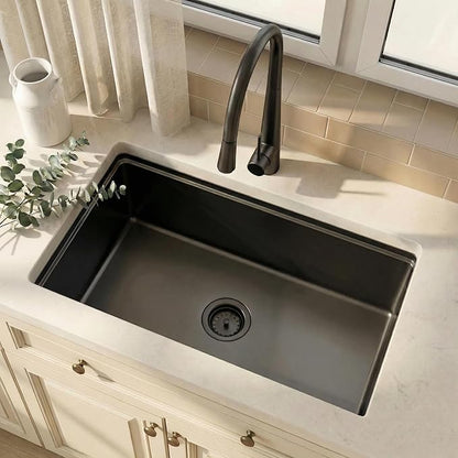 MILOSEN Black Undermount Kitchen Sink, 30x18 Inch T304 Black Stainless Steel Workstation Sink, 9 Inch Deep Single Bowl Kitchen Sink with Bottom Grid and Strainer, Modern Large Kitchen Sink