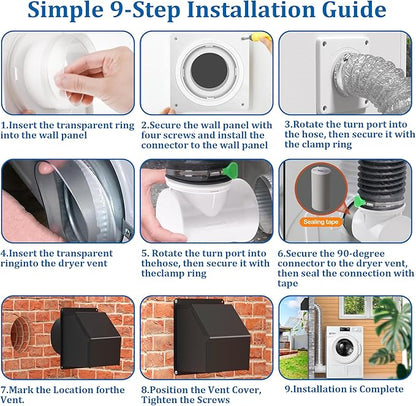 4 inch Dryer Vent Cover, Dryer Vent Connector Kit, 90 Degree Dryer Vent Elbow, Dryer Vent Wall Plate with Hose(4 inch 5FT) Indoor Dryer Vent Duct Adapter, Dryer Vent Hose for Tight Space