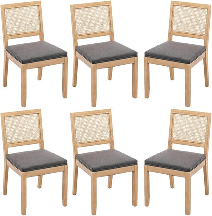 Modern Wooden Dining Chair Set of 6, Farmhouse Kitchen & Dining Room Chair with Solid Wood Legs, Rattan Upholstered Kitchen Chairs for Restaurant/Living Room (Gray, Set of 6)