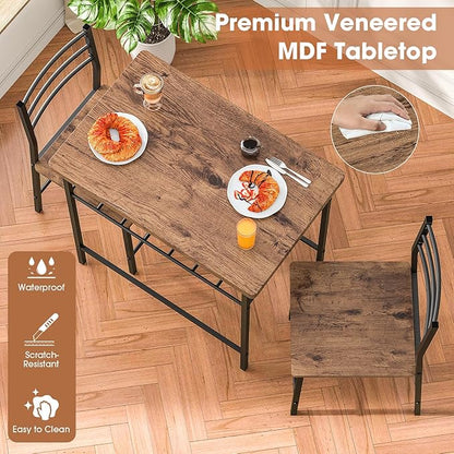 Fenbeli 3 Piece Dining Table Set - Small Kitchen Table & Chair Sets for 2, Breakfast Table Set w/Steel Frame, Built-in Storage Rack for Dining Room, Living Room, Apartment (Brown, Small)