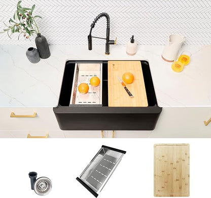 Stylish 30 x 21 Inch Farmhouse Composite Granite Apron Front Workstation Kitchen Sink, Single Bowl Undermount/Flush-Mount, 10 in Deep, with Cutting Board, Colander & Strainer, Black, S-830WN