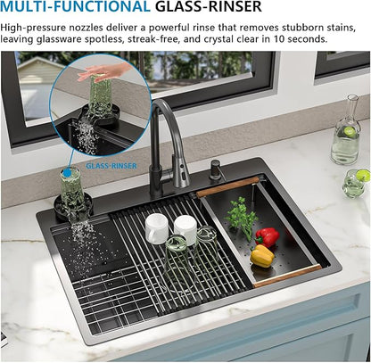 28"x22" Drop In Kitchen Sink Ledge Workstation – Gunmetal Black NANO-PVD, 16 Gauge 304 Stainless Steel Top Mount Single Bowl Sink Basin with Faucet Combo & Glass Rinser