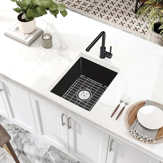 Rhbamoa Black Bar Sink Granite Composite,18''x16'' Matte Black Bar Sink Undermount,9 Inch Depth Small Single Bowl Quartz Kitchen Sinks with Accessories