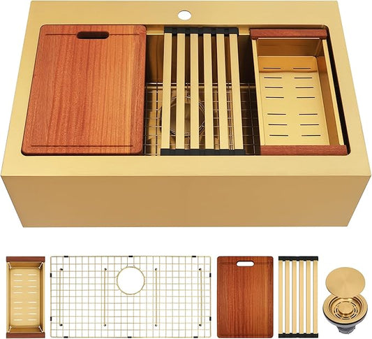 33 Inch Farmhouse Gold Sink, 16 Gauge 304 Stainless Steel Farm Sinks, Drop In Topmount Single Bowl Workstation Sink with all Accessories, 33" x 22" x 10" Large and Deep Kitchen Sink