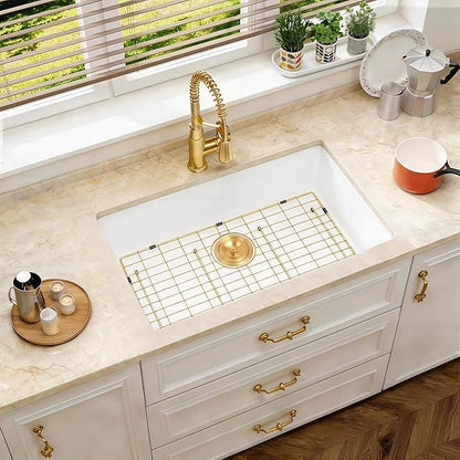 Kitsitchen 32 Inch Large Undermount Kitchen Sink, White Granite Composite Kitchen Sink with A Gold Sink Drain Assembly & Sink Bottom Gird, 32" x 18" Quartz Stone Kitchen Sink, Fast Drainage