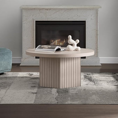 SICOTAS 32" Modern Round Coffee Table, Mid Century Fluted Coffee Table with Storage, Accent Center Table for Living Room, Small Space, Apartment, White Alder