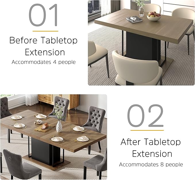 78.74" Wooden Extendable Dining Table for 8-10 People, Modern Farmhouse Expandable Kitchen Table with Black Pedestal Base, Long Large Rectangular Extendable Kitchen Dining Room Table, Brown