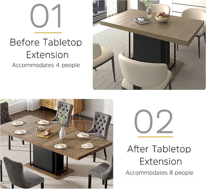 78.74" Wooden Extendable Dining Table for 8-10 People, Modern Farmhouse Expandable Kitchen Table with Black Pedestal Base, Long Large Rectangular Extendable Kitchen Dining Room Table, Brown