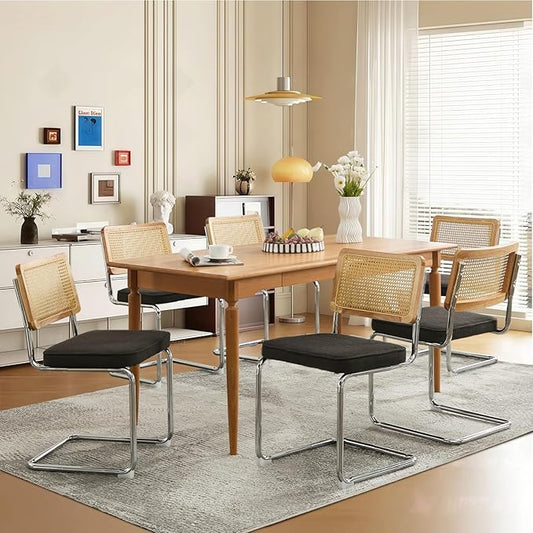 Rattan Back Linen Dining Chair Set of 6 Modern Breuer Designed Stainless Chrome Base Armless Upholstered Dining Chair for Dining Room, Kitchen Island(Black)