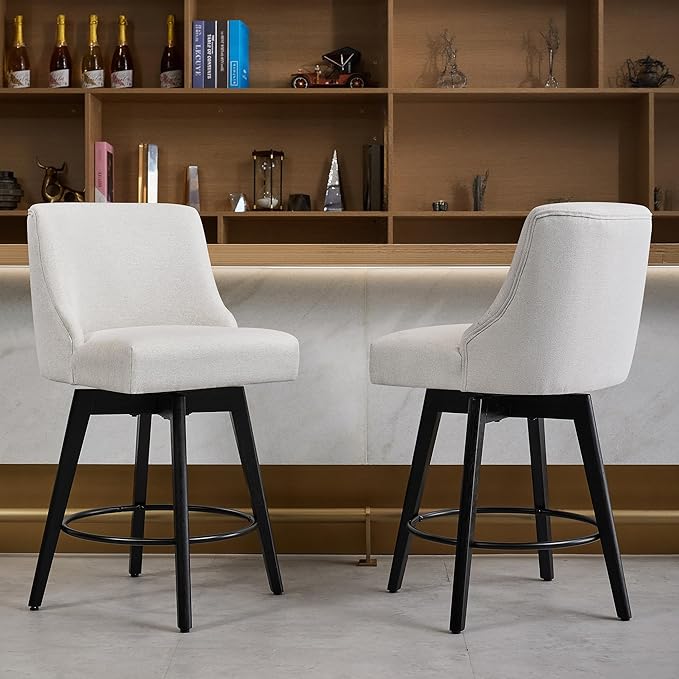 Counter Height Bar Stools Set of 4, Swivel Barstools with Backs and Wood Legs, Linen Fabric Upholstered Counter Stools for Kitchend Island, Mid-Century Modern 26" Seat Height Bar Chairs, Cream