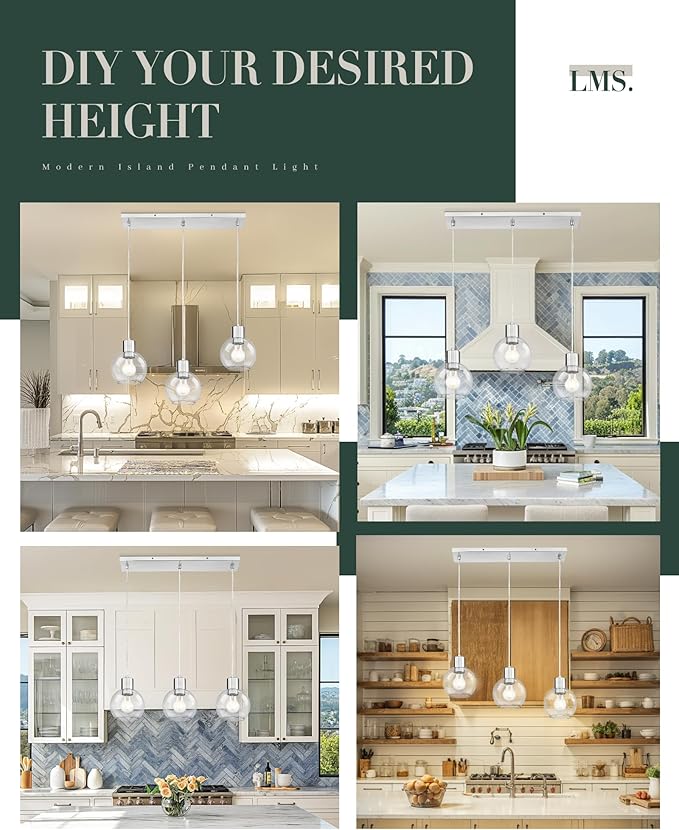 LMS Brushed Nickel Dining Room Light Fixture, 3-Light Clear Globe Glass Island Lights, Farmhouse Linear Chandeliers for Kitchen Island Pendant Light Fixtures, LMS-122SPL-BN3