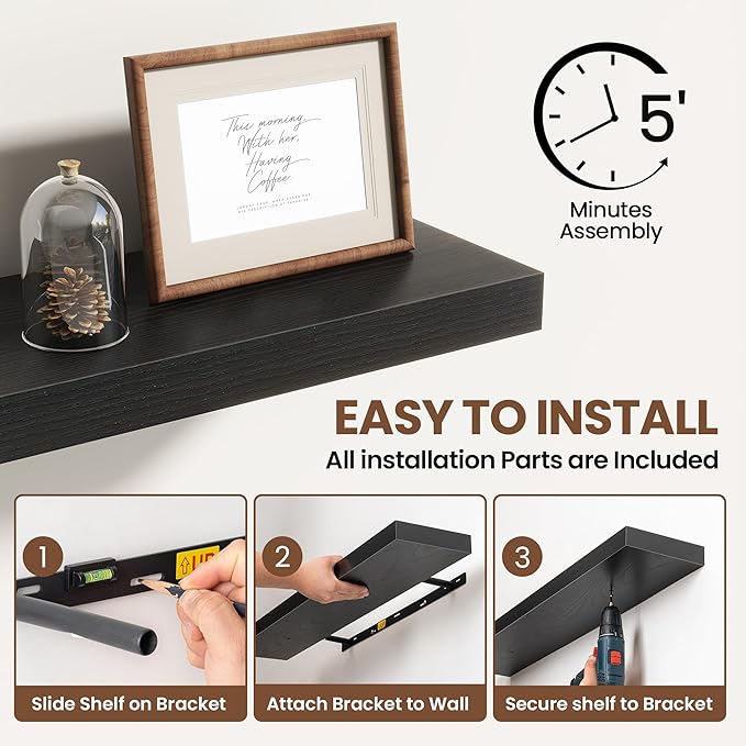 Acovy 48 Inch Floating Shelves for Wall 2 Pack, 48" Wall Shelves for Books, Storage, Decor, Wall Mounted Floating Shelf with Invisible Brackets for Kitchen, Living Room, Black