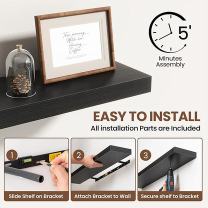 Acovy 24 Inch Floating Shelves for Wall 2 Pack, 24" Wall Shelves for Books, Storage, Decor, Wall Mounted Floating Shelf with Invisible Brackets for Kitchen, Living Room, Black
