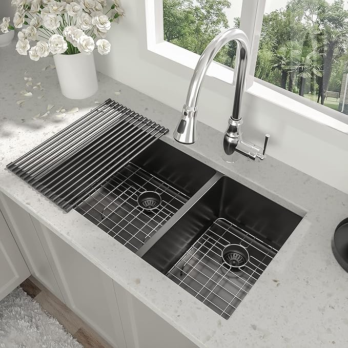 33 Inch Black Undermount Kitchen Sink - 33”x19”x10” Stainless Steel Gunmetal Black 16 Gauge 10 Inch Deep 60/40 Double Bowl Kitchen Sink Basin