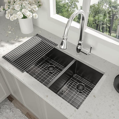 33 Inch Black Undermount Kitchen Sink - 33”x19”x10” Stainless Steel Gunmetal Black 16 Gauge 10 Inch Deep 60/40 Double Bowl Kitchen Sink Basin