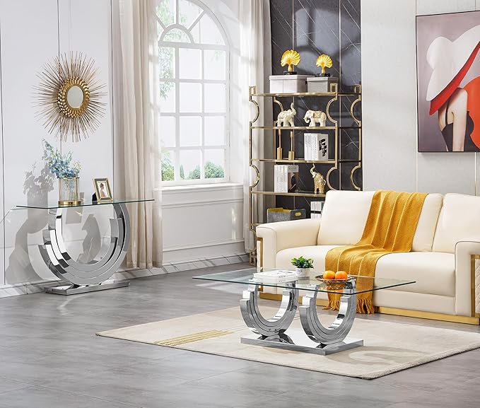 Glass Living Room Table Set of 2, Modern Glass Coffee Table with 1 Console Tables Set for Apartment, Luxury Coffee Table Sets Perfect for Living Room, Stainless Steel Frame