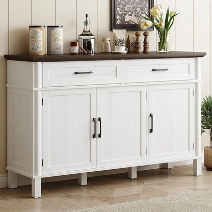 55 Inches Buffet Cabinet with Storage, Farmhouse Sideboard Buffet w/2 Drawers and 3 Doors, Wood Coffee Bar Cabinet with Adjustable Shelves, Sideboard Storage for Kitchen, Living Room, Off White