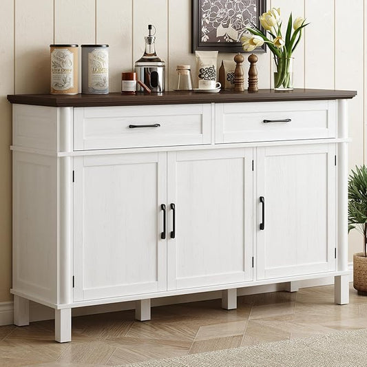55 Inches Buffet Cabinet with Storage, Farmhouse Sideboard Buffet w/2 Drawers and 3 Doors, Wood Coffee Bar Cabinet with Adjustable Shelves, Sideboard Storage for Kitchen, Living Room, Off White