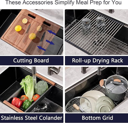 30 inch Gunmetal Black Stainless Steel Undermount Kitchen Sink - CELAENO 30x19 Handmade 16 Gauge Single Bowl Workstation Sink, 10 Inch Deep Modern Kitchen Sink is equipped with various accessories