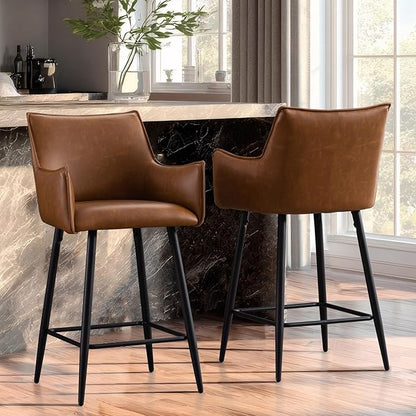 Brown Leather Counter Stools Set o f 2, Mid Century Modern Upholstered Kitchen Chairs with Arms and Black Metal Legs 26” Height Stools with Back for Dining Room Home Pub Faux Leather in Brown