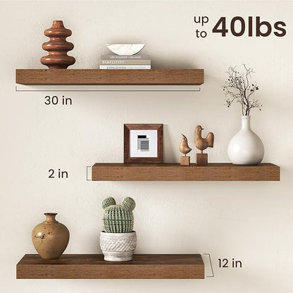 30Inch Floating Shelves for Wall, 12 Inch Deep Shelves for Bedroom, Kitchen, Bathroom Wall Mounted, Rustic Wood Floating Shelf with Invisible Brackets for Books, Storage, Decor, Rustic Brown, 2 Packs