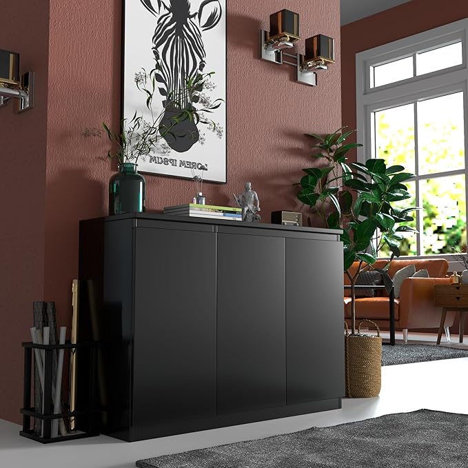 holzart 43" Black Buffet Cabinet Sideboard with Storage - Modern 3-Door Kitchen Cupboard & Coffee Bar Station for Dining Room, Living Room, Entryway - Adjustable Shelves, 43.3" W x 31.5" H