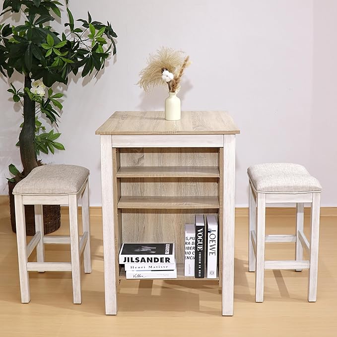 3pcs Counter Height Dining Table Set with Storage Shelves, Modern American White Oak Set for Small Spaces, Compact Kitchen Island Table 2 Chairs for Apartment Studio (Ameican White Oak)