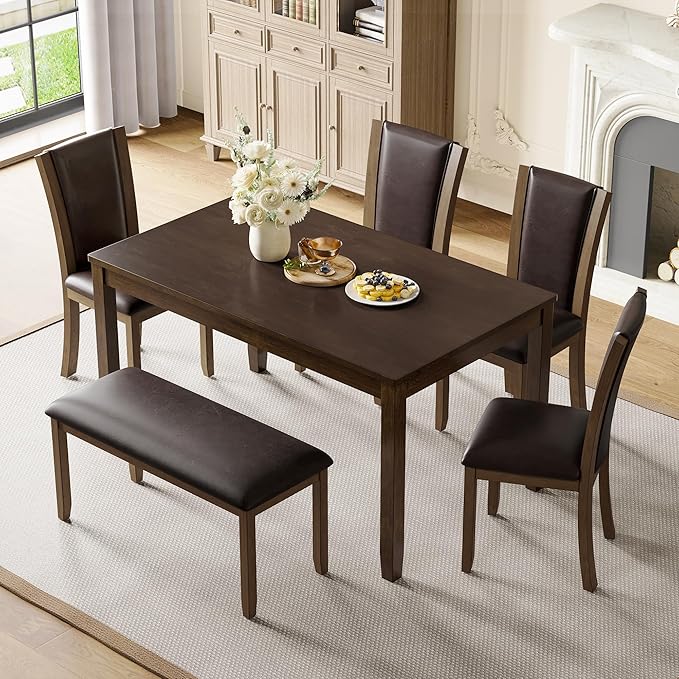 6-Piece Dining Table Set with Bench, Modern Wood Dining Table Set for 6, Kitchen and Dining Room Table and Chairs Set, Grey & White Two-Tone