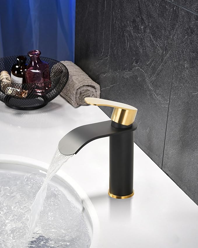 Waterfall Bathroom Faucet: WOWOW Black and Gold Modern Single Handle Bathroom Faucets for 1 or 3 Hole Bathroom Sink Faucet Mixer Tap Washbasin Faucet with Deck, Pop-up Drain and Supply Hoses