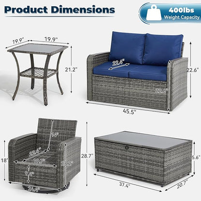 5 Pieces Outdoor Furniture Set with Swivel Chairs, Wicker Patio Furniture for Porch Deck Bistro Lawn Garden Backyard Poolside（Blue）