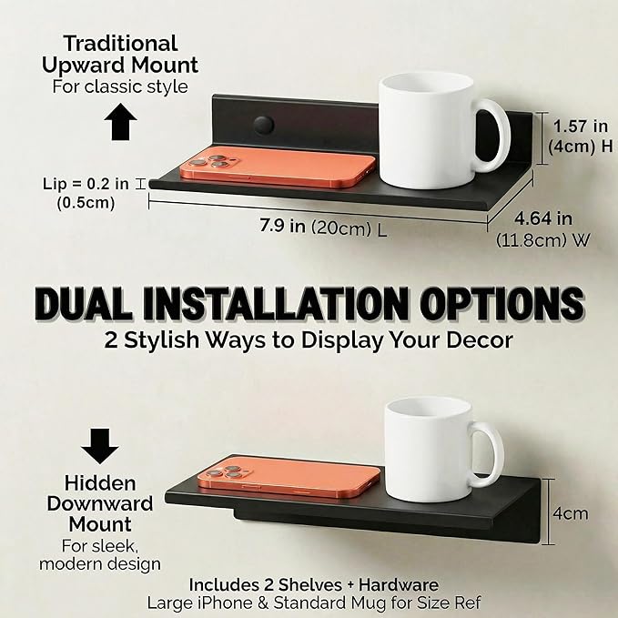 Z metnal Small Floating Shelves for Wall, 8-Inch Modern Aluminum Metal Display Shelf, Rustproof Minimalist Decor Wall Shelf for Bathroom, Bedroom & Office, No-Drill & Screw Mount, Matte Black, 2-Pack