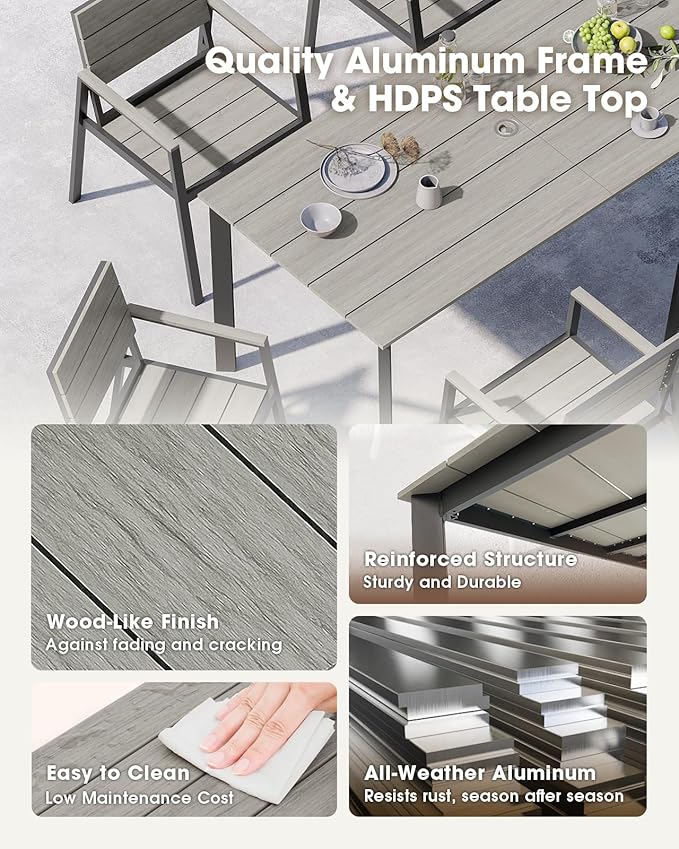 Outdoor Dining Set for 4, Aluminum Patio HDPS Outdooor Table and Chairs Set with Umbrella Hole, All Weather Patio Furniture Set, 5 Peice Patio Dining Table Set (Classic Gray)
