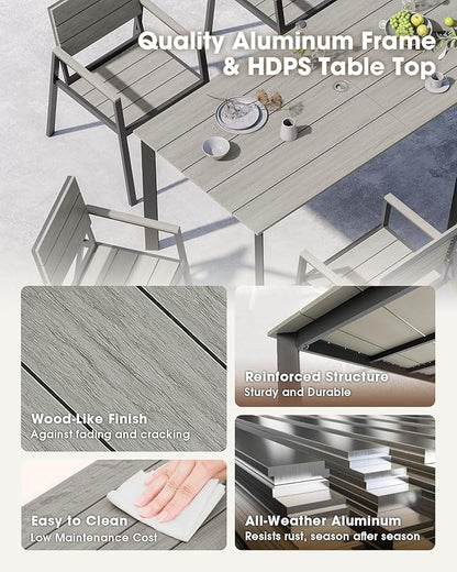 Outdoor Dining Set for 4, Aluminum Patio HDPS Outdooor Table and Chairs Set with Umbrella Hole, All Weather Patio Furniture Set, 5 Peice Patio Dining Table Set (Classic Gray)