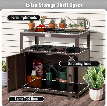 Feasto Garden Potting Bench with Storage, Outdoor Potting Table & Garden Work Bench for Plants, Horticulture, Outdoor Potting Station with Stainless Steel Tabletop, Outdoor Work Table