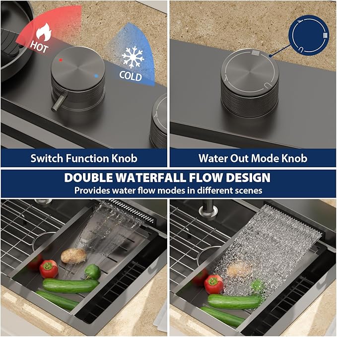 Lordear 30 Drop In Kitchen Sink with Faucet 30x22 Inch Black Waterfall Kitchen Sinks Topmount Stainless Steel 16 Gauge Single Bowl Workstation Kitchen Sink With Faucet Combo