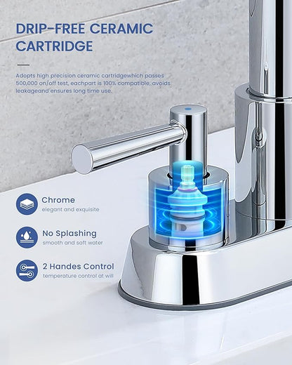 Bathroom Faucet with Pull Out Sprayer, Chrome Bathroom Faucet 3 Holes, 2 Handle Bathroom Sink Faucet with 360 Degree Swivel Spout, Pop Up Drain Assembly Included