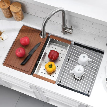 33x19 White Double Bowl Kitchen Sink Undermount - 33 Inch White Undermount Granite Kitchen Sink, Double Bowl Granite Sink Workstation with Accessories