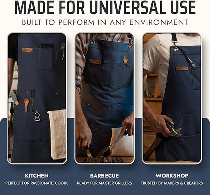 Asaya Chef and BBQ Apron with Bottle Opener and Hand Towel - 10oz Cotton Canvas, Stainless Steel Hardware - Cross Back Straps