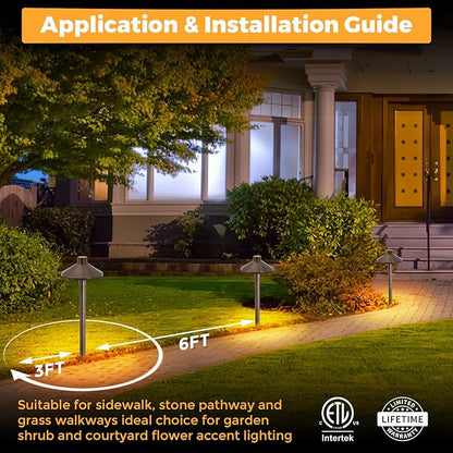 Gardencoin Solid Brass Low Voltage Pathway Lights (6.7'' Shade, 21.9'' Tall), 12V AC/DC Heavy Duty LED Landscape Path Lights Outdoor Wired, Antique Bronze Walkway Lights with Larger Stake, 4-Pack
