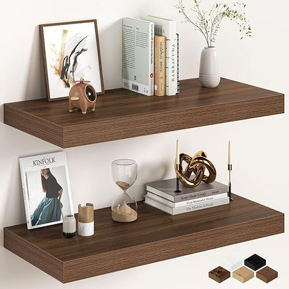 30Inch Walnut Floating Shelves for Wall, 12 Inch Deep Shelves for Bedroom, Kitchen, Bathroom Wall Mounted, Rustic Wood Floating Shelf with Invisible Brackets for Books, Storage, Decor, 2 Packs