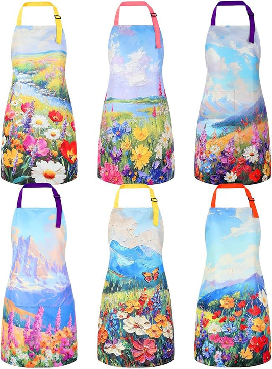 Bencailor 6 Pcs Spring Kitchen Aprons with Pockets Flower Rooster Bee Butterfly Sunflower Summer Aprons Bulk for Women(Colorful,Flower)