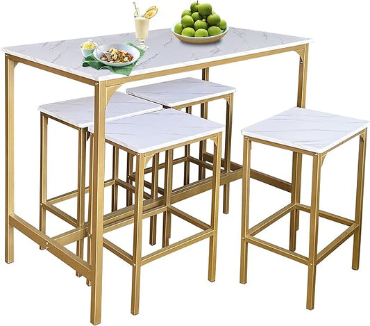 AT-VALY 5-Piece Bar Table Set with 4 Stools,Dining Room Table Set,Small Spaces (Gold & White)