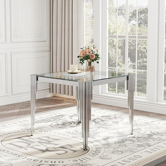Modern Square Glass Dining Table for 4 People, Compact 37" Clear Tempered Glass Desktop with Silver Mirrored Stainless Steel Legs for Small Spaces, Perfect for Apartments