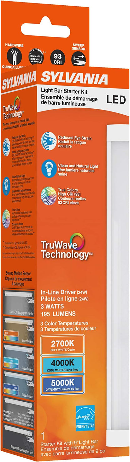 LEDVANCE Sylvania TruWave Natural Series 3-Way Selectable 9" LED Under Cabinet Light Starter Kit, Soft / Cool / Daylight, Hardwire - 1 Pack, 3 Watts (61866)