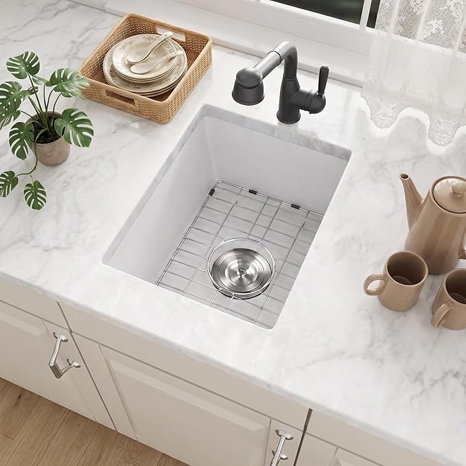 MILOSEN White Bar Sink 13×15 Inch, Undermount Wet Bar Prep Sink for RV Kitchen, Single Bowl Granite Composite Design with Custom Accessories, 9'' Deep White Quartz Small Bar Sinks